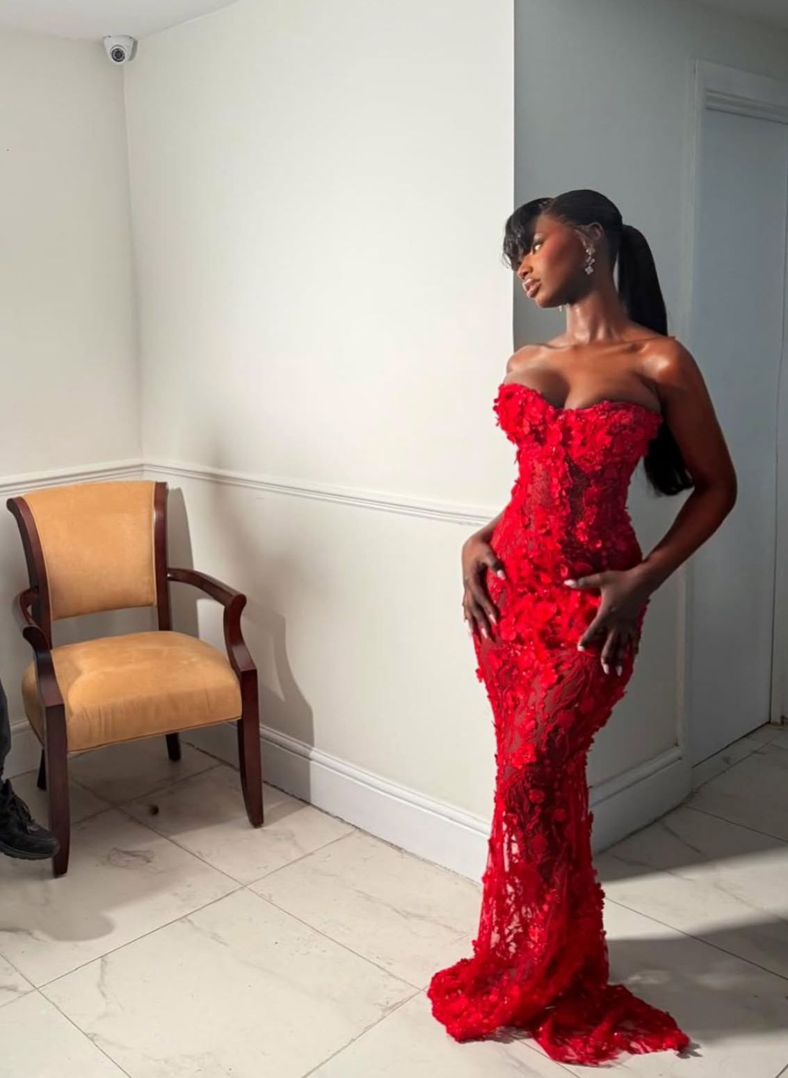 Gorgeous Strapless Red Lace Appliques Mermaid Party Dress Evening Dress