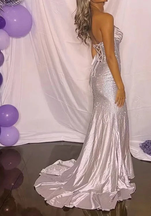 Sexy Mermaid Lilac Strapless Beaded Long Prom Dress Slit Party Evening Gown