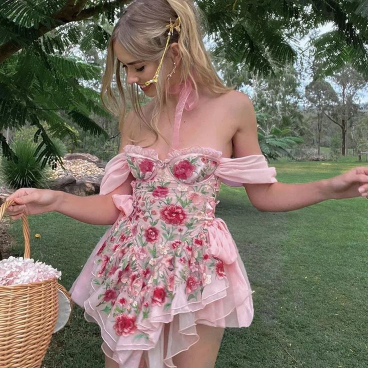 Classy Pink Off The Shoulder Tulle Floral Short Party Dress Short Homecoming Dress Birthday Dress