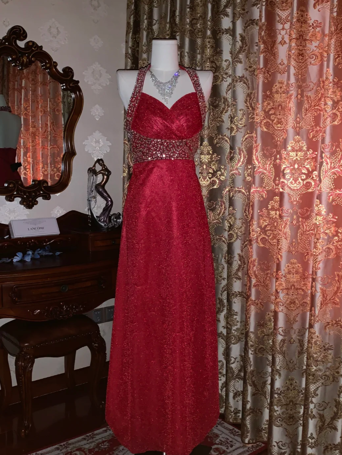 Glitter Halter Red Tulle Sequin Beaded A Line Long Party Dress Evening Dress