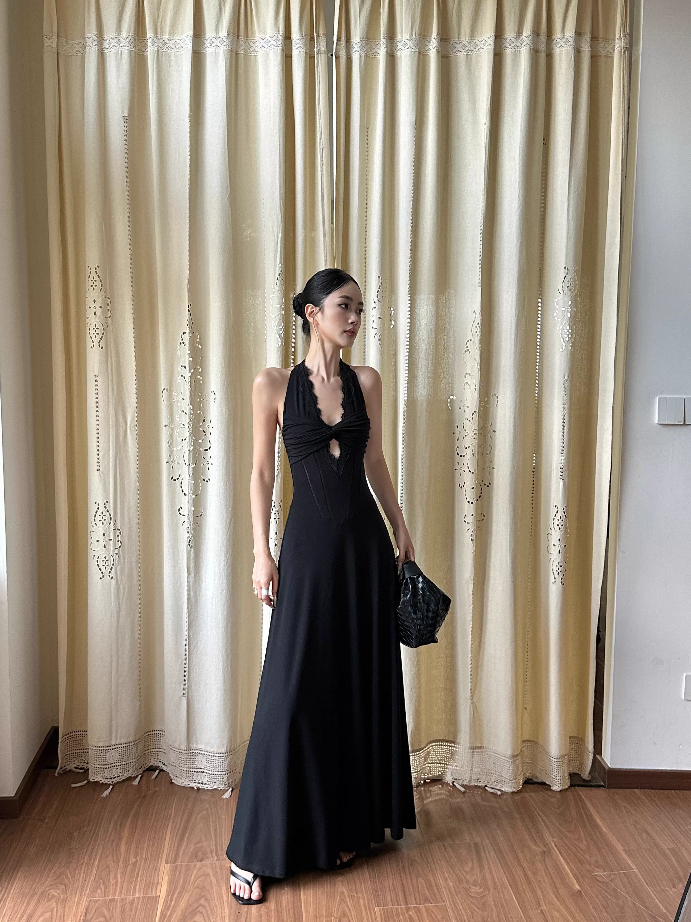 Sexy Black Halter Satin A Line Long Birthday Party Dress Evening Dress Formal Wedding Guest Dress