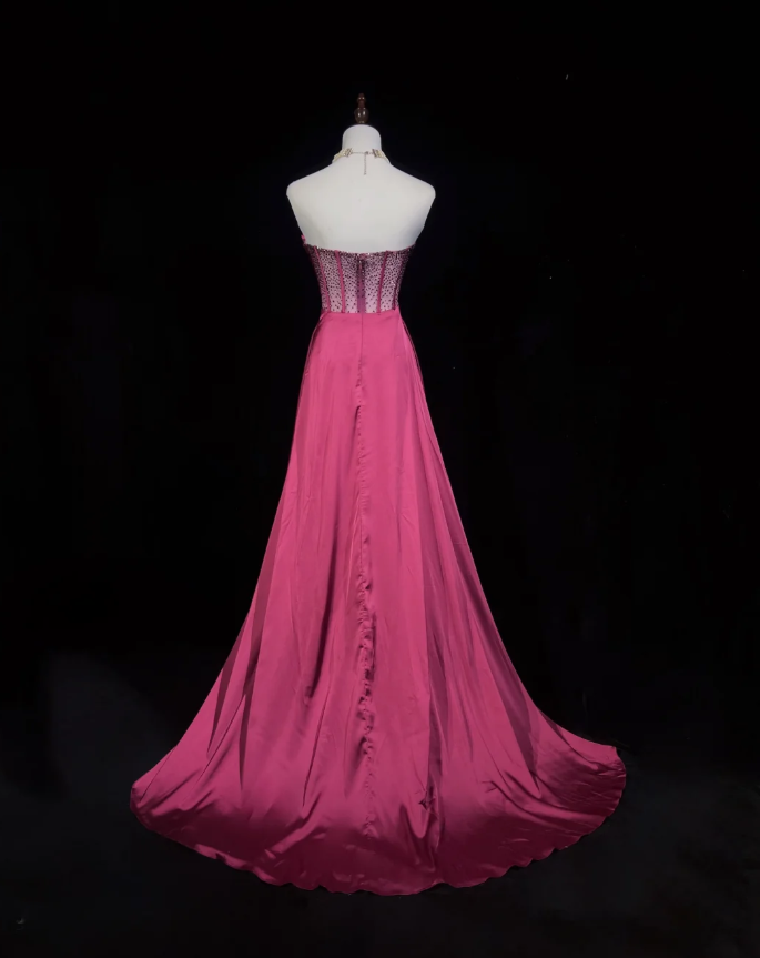 Elegant Strapless Hot Pink Satin Beaded Mermaid Long Wedding Guest Dress Formal Evening Dress