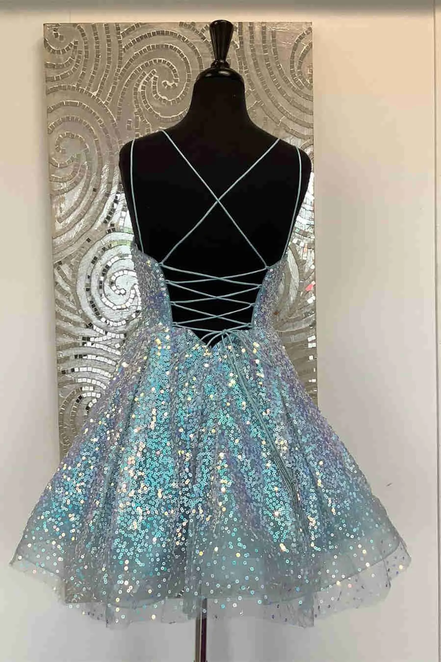 Sparkly A-line Light Blue Short Party Dress, Sequins Plus Size Homecoming Dresses