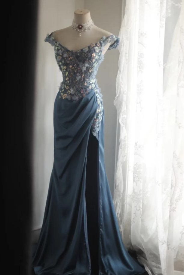 Gorgeous Off The Shoulder V Neck Satin Sequin Appliques Evening Dress Long Mermaid Slit Prom Dresses