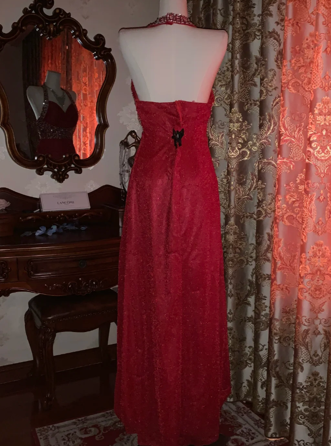 Glitter Halter Red Tulle Sequin Beaded A Line Long Party Dress Evening Dress