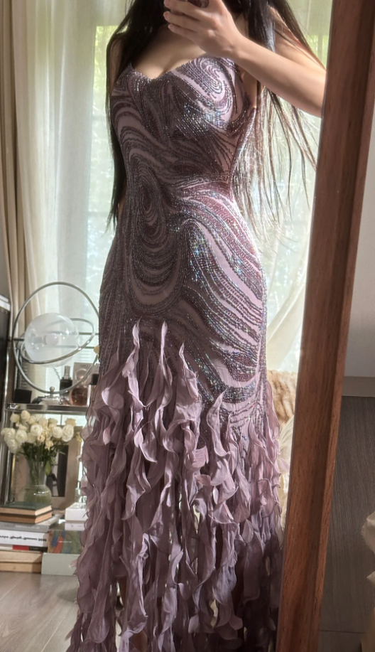 Vintage Purple Spaghetti Straps Chiffon Beaded Ruffles Mermaid Long Party Dress Birthday Prom Dress