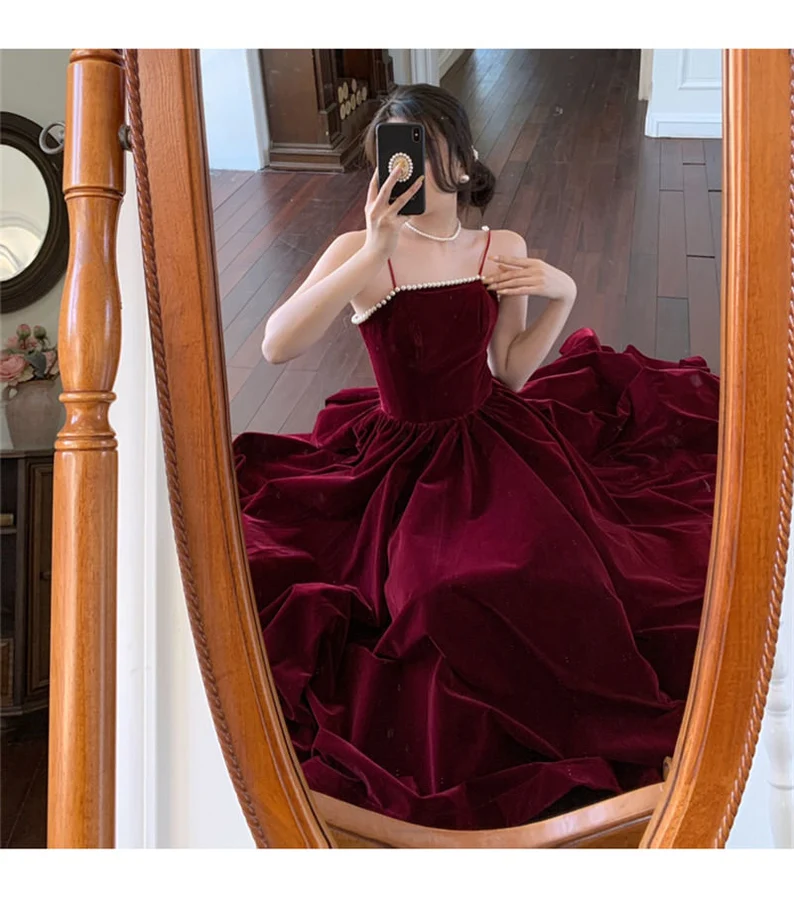 Dark Burgundy Spaghetti Straps Dress Women Prom Dress Birthday Party Dress Event Gown Dress