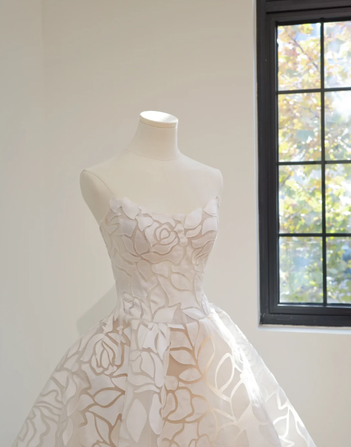 Classy White Strapless Rose Petals Bridal Dress Long Wedding Dress