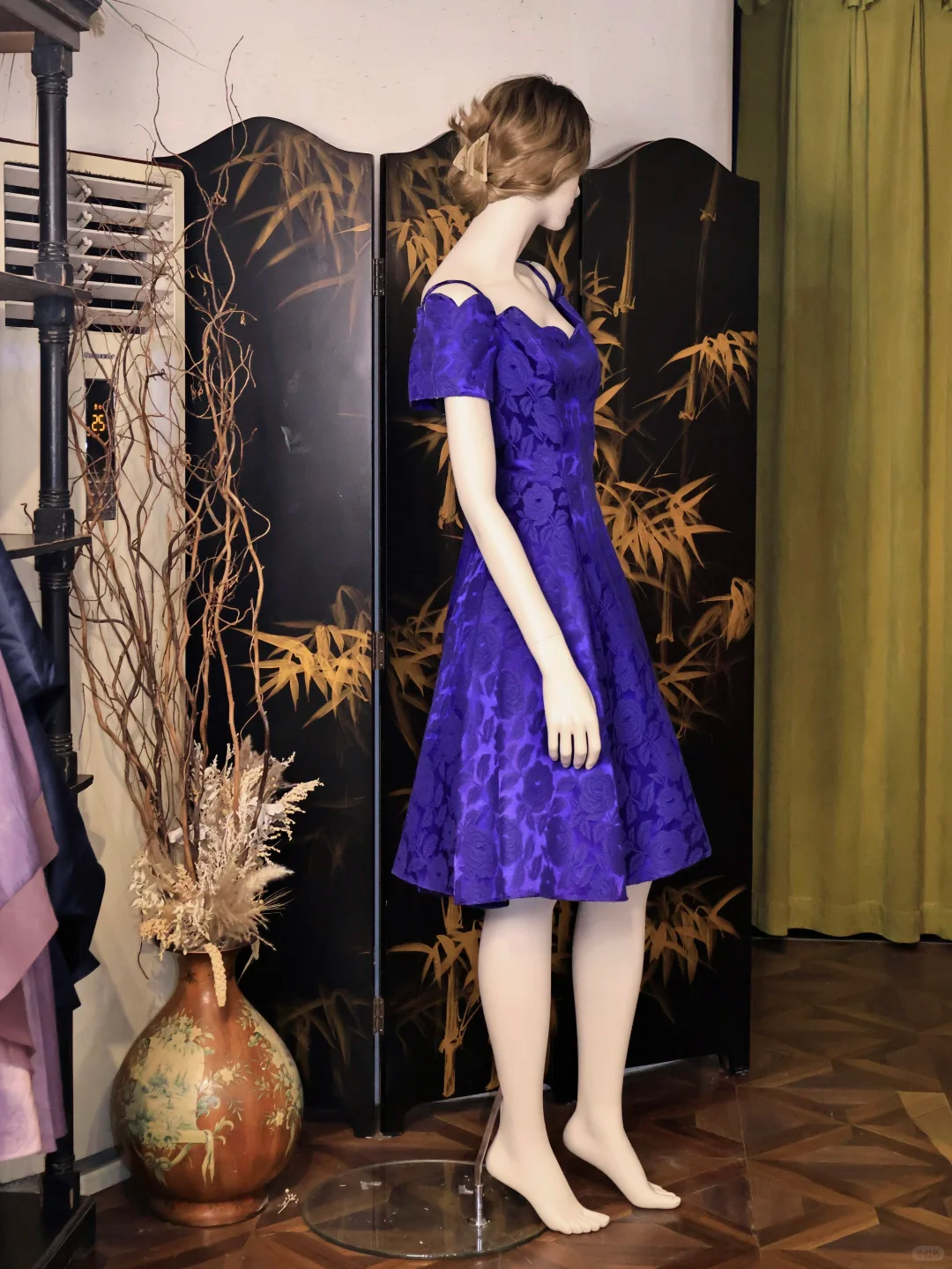 Vintage Purple Rose Floral Print A Line Homecoming Dress Off The Shoulder Mini Prom Dress