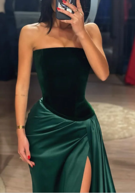 Vintage Green Velvet Satin Evening Dress Strapless Mermaid Slit Prom Dress