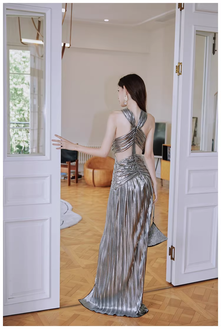 Fashion Silver Gray Satin Pleated High Slit Long Evening Dress Sexy Prom Dress