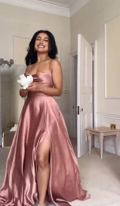 Stylish Spaghetti Straps Pink A Line Slit Bridesmaid Dress Long Prom Dress