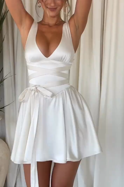 Elegant V Neck Satin A Line White Graduation Homecoming Dress Short Prom Dress