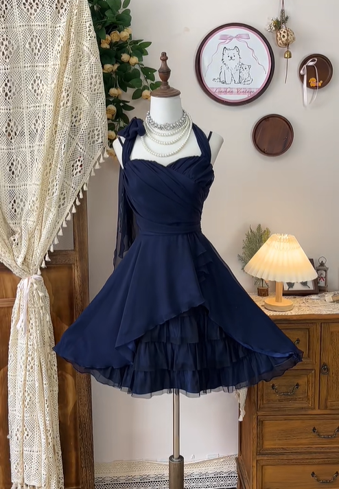 Vintage Navy Blue Chiffon A Line Homecoming Dress Cocktail Dress Mini Birthday Outfits