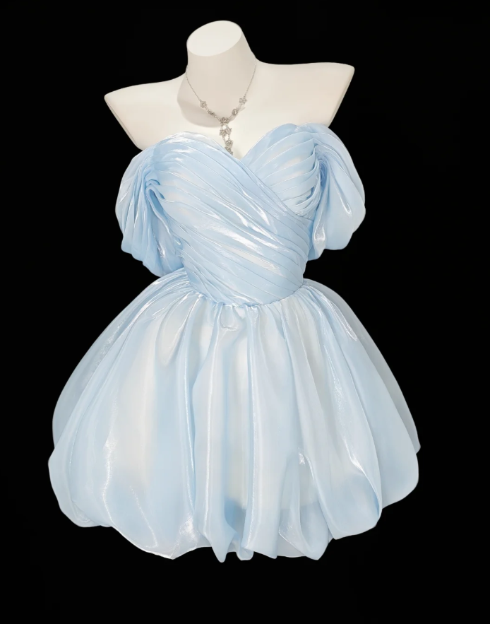 Classy Sky Blue Organza Pleated A Line Short Homecoming Dress 16th Birthday Outfits