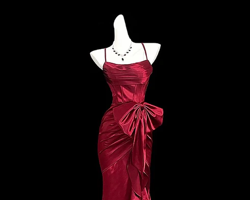 Burgundy Mermaid Straps Long Party Dress Satin Prom Dress