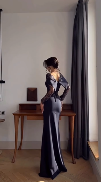 Fashion Off The Shoulder Navy Blue Satin Lace Mermaid Long Wedding Guest Dress Party Dress