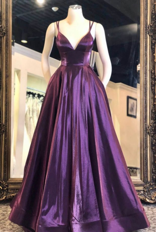 Purple A-line V Neck Satin Long Prom Dress Evening Dress