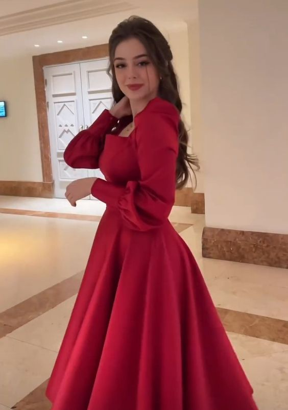 Retro Style Red A-line Long Sleeves Party Dress