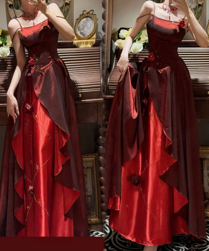Vintage Spaghetti Straps Satin Beaded A Line Long Wedding Guest Dress Burgundy Birthday Party Dress With 3D Flowers