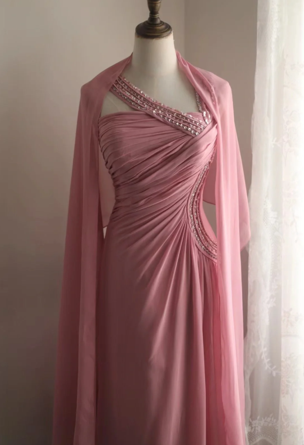 Pretty Pink Chiffon Beaded Mermaid Long Party Dress Evening Gown
