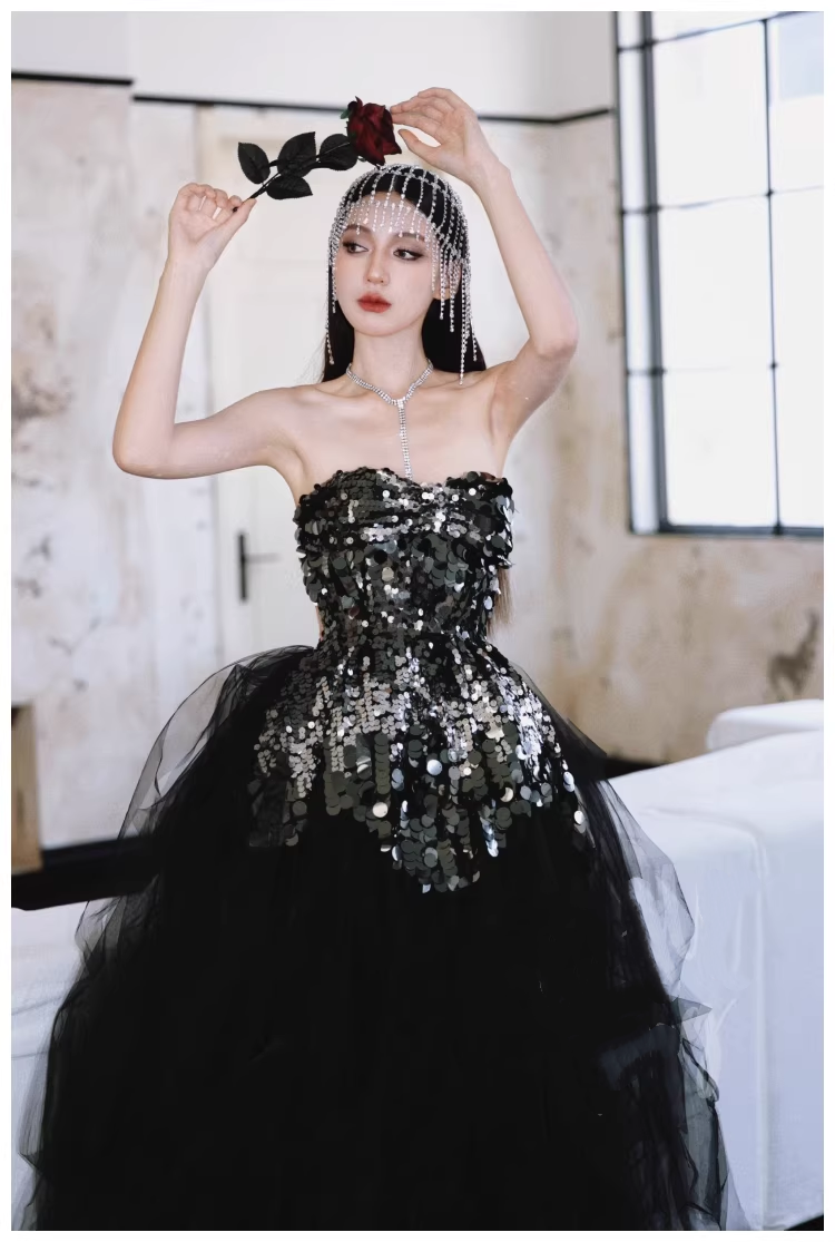 Gorgeous Strapless Black Tulle Sequin A Line Long Evening Dress Birthday Dress