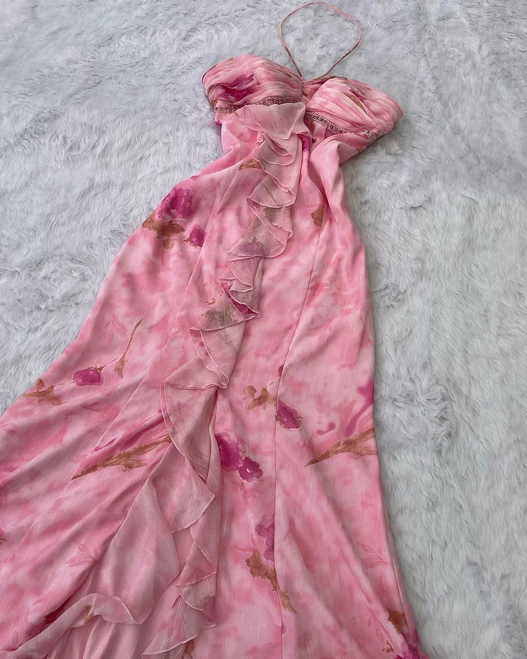 Elegant Halter Chiffon Print Ruffle Mermaid Evening Dress,Pink Prom Dress