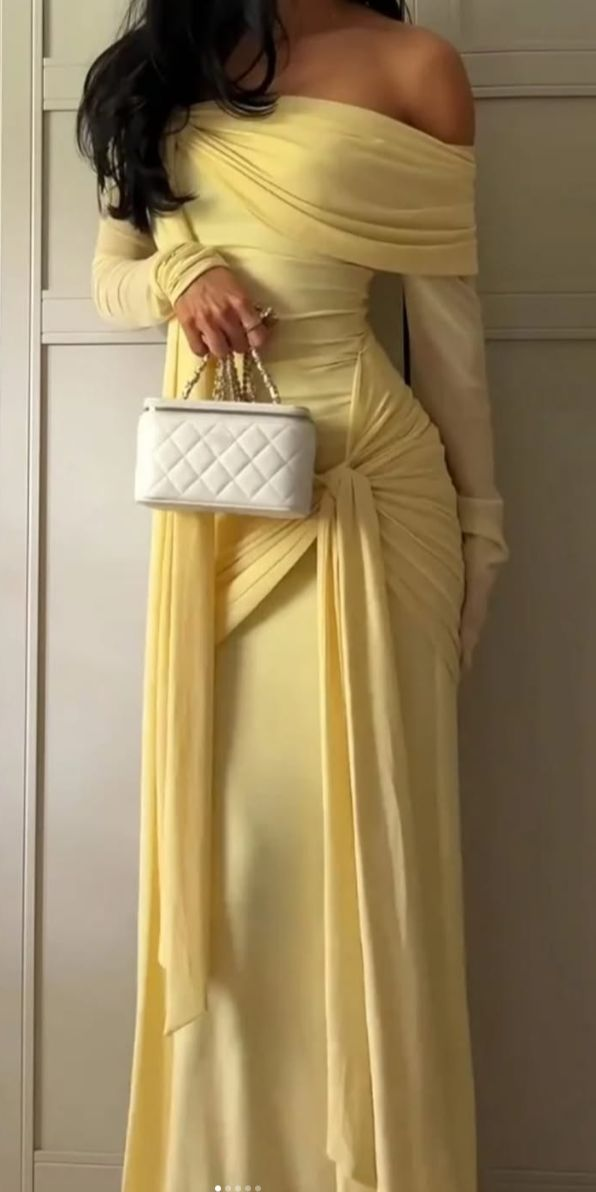 Elegant Off The Shoulder Satin Pleated Mermaid Long Party Dress Yellow Formal Wedding Guest Dress