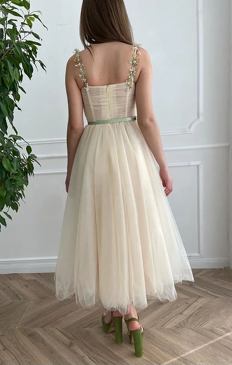 Beige Fairy Tulle Prom Dress Beads Straps Fairy Prom Gown, Handmade Tea-length A-Line Tulle Ball Gown Wedding Dress