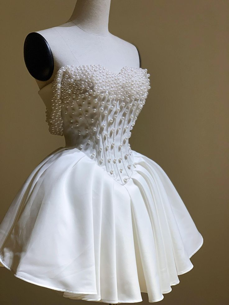 Classy Off The Shoulder Pearl Beaded Short Prom Dress White Formal Graduation Homecoming Dress