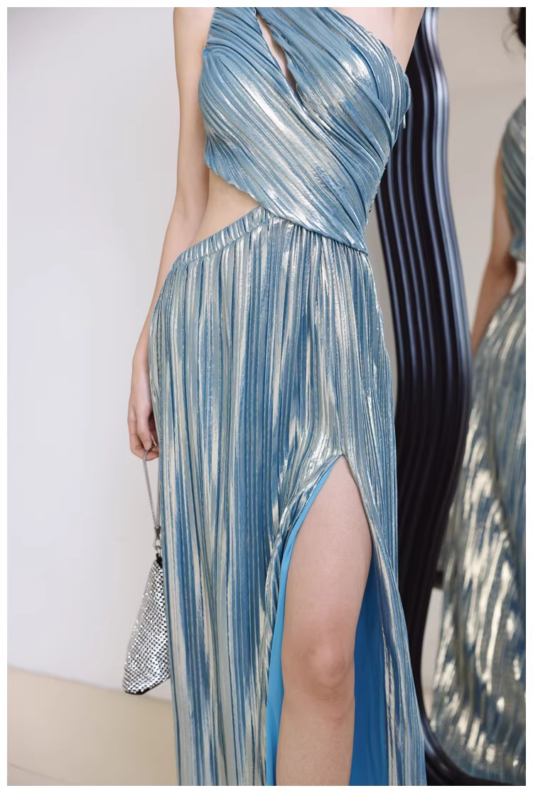 Sexy One Shoulder Satin Pleated Slit Long Wedding Guest Dress Blue Birthday Prom Dress Evening Gown
