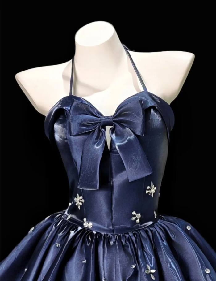 Cute Halter Navy Blue Satin A Line Short Homecoming Dress Formal Birthday Outfits With Bow