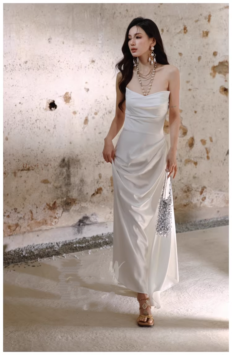 Charming Strapless Satin Pleated Mermaid Long Evening Dress White 19th Birthday Outfits
