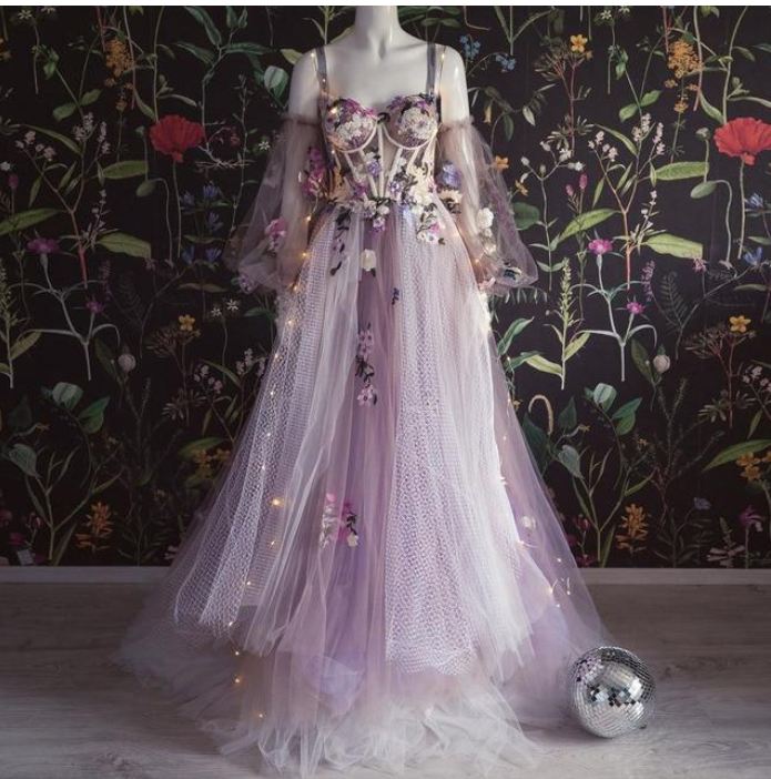 Elegant Dusty Lavender Floral Spaghetti Strap Sweetheart A-line Tulle Long Prom Dress
