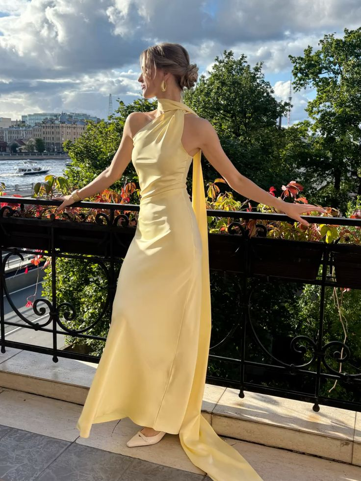 Simple Yellow Halter Satin Mermaid Long Wedding Guest Dress Party Dress