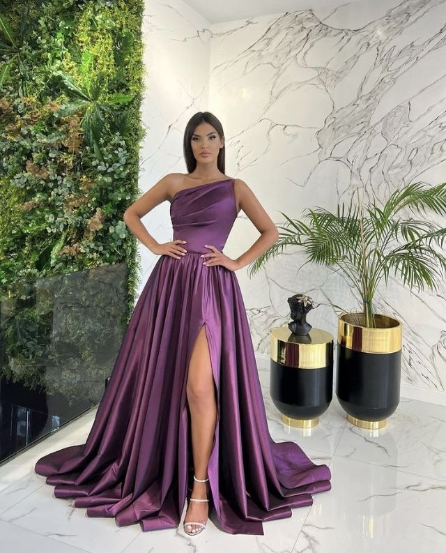 Asymmetrical Ruched With Train And Slit Prom Formal Party Evening Dress