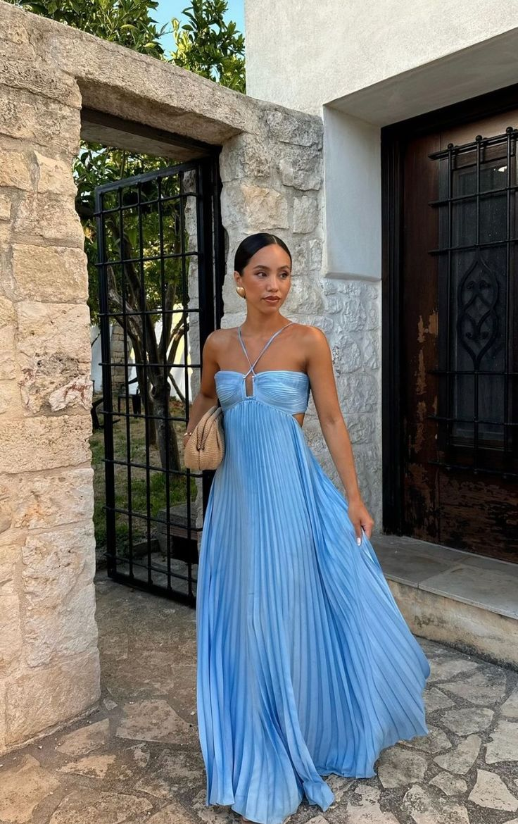 Halter Blue Pleated Long Prom Dress Formal Evening Dress