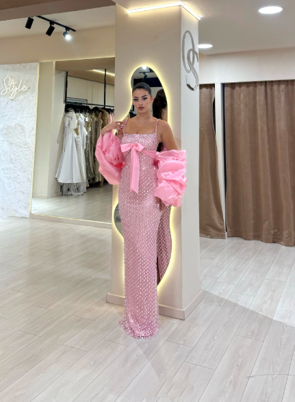 Gorgeous Spaghetti Straps Pink Sequin Beaded Mermaid Evening Dress Long Party Dress