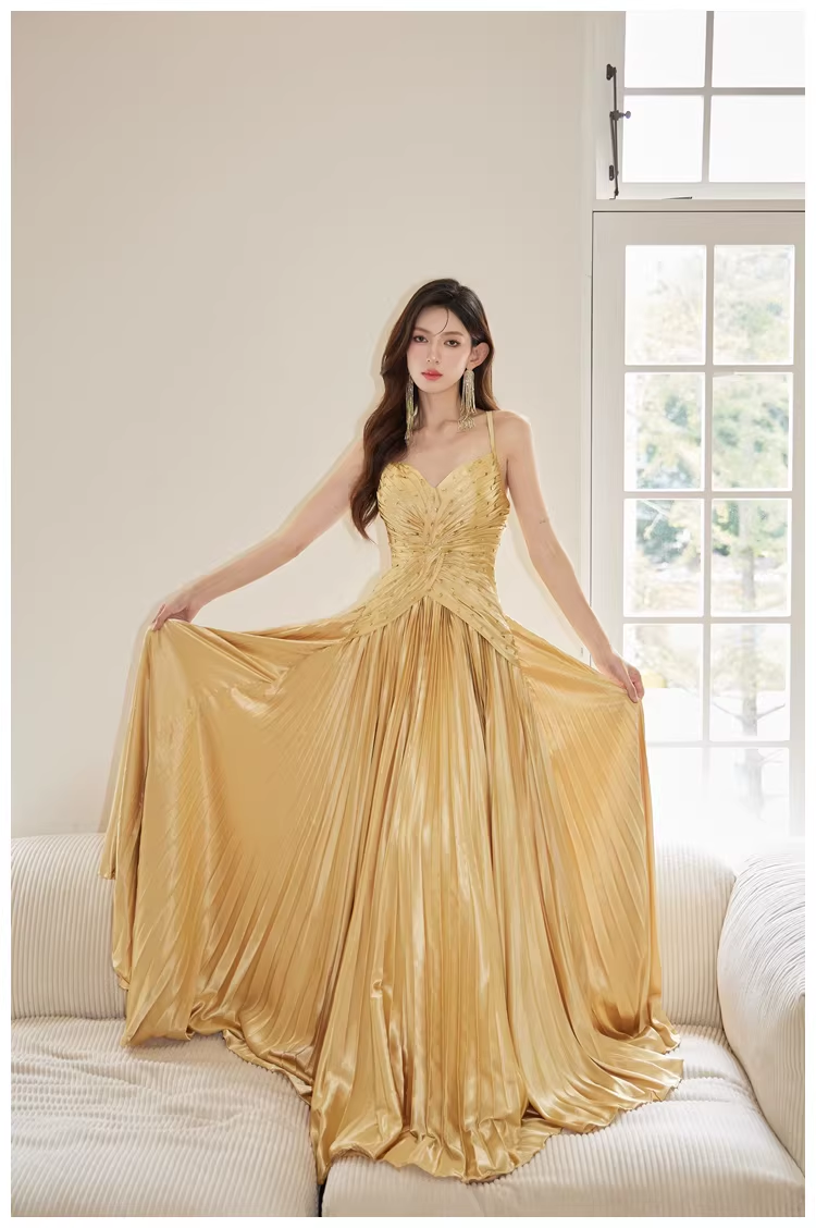 Gorgeous Spaghetti Straps Gold Satin Pleated Beaded A Line Long Evening Dress Birthday Dress