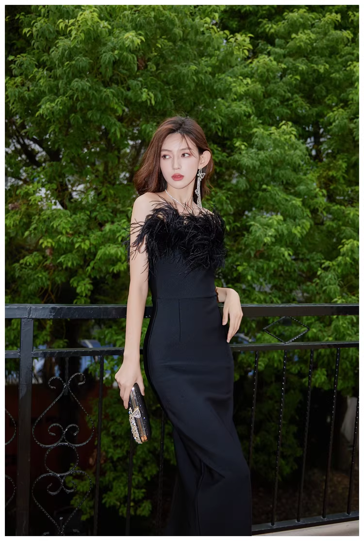 Chic Feathers Strapless White Satin Sheath Long Prom Dress Evening Dresses