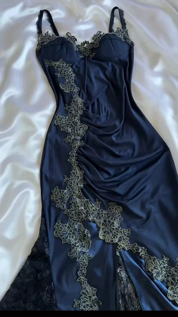 Vintage Navy Blue Satin Lace Appliques Mermaid Evening Dress,Long Party Prom Dress