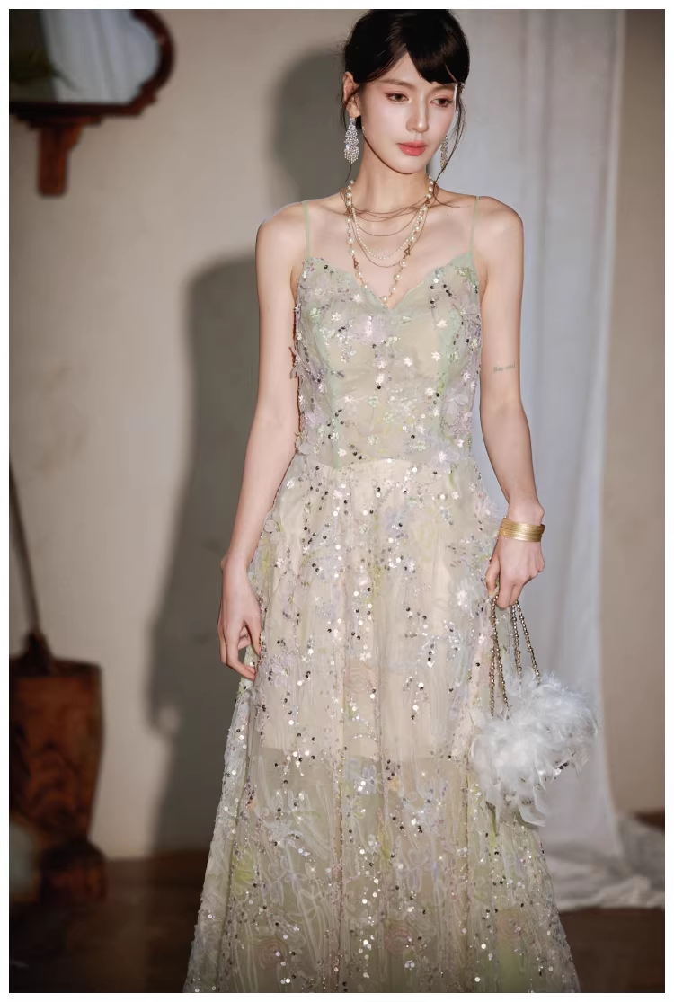 Pretty Spaghetti Straps Green Tulle Appliques A Line Long Birthday Prom Dress Evening Dress