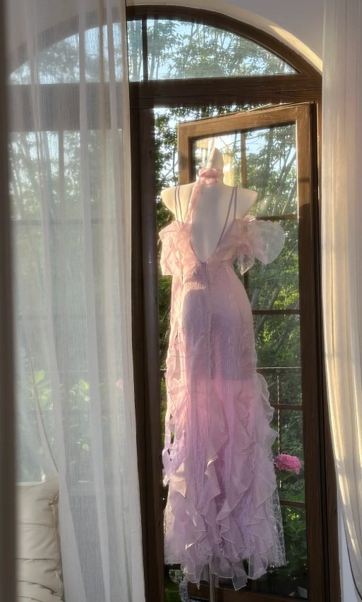 Classy Pink Spaghetti Straps V Neck Lace Chiffon Ruffle Mermaid Evening Dress Long Party Dress with Ribbon