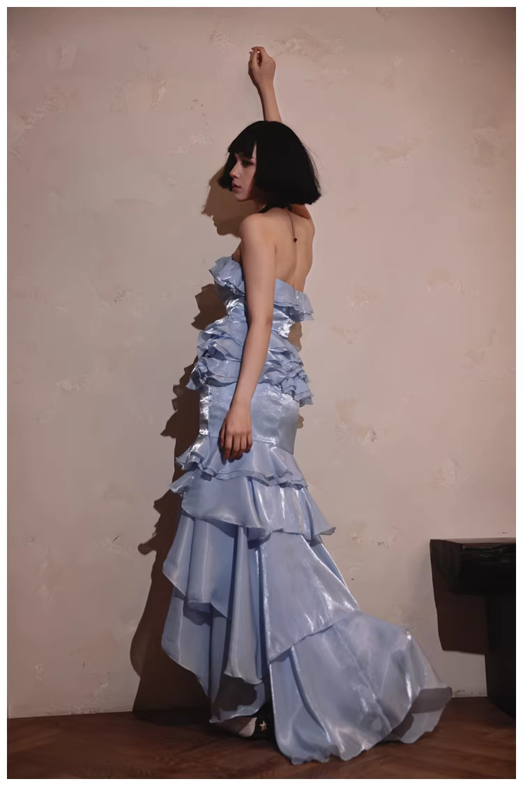 Glamorous Strapless Blue Satin Ruffles Layered mermaid Slit Evening Dress Long Party Dress
