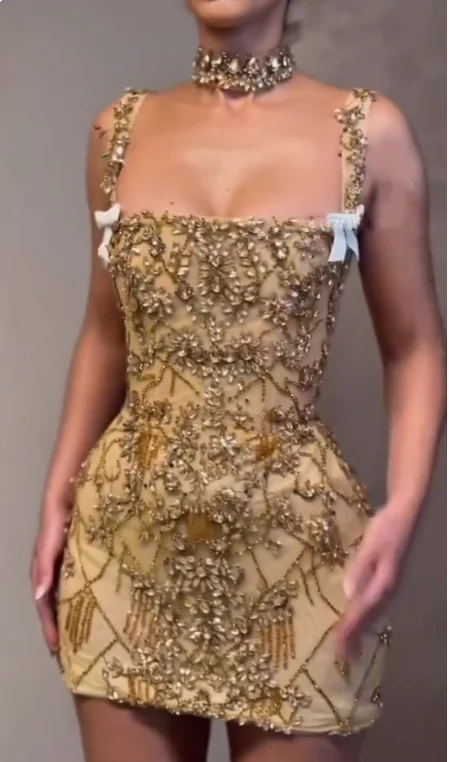 Luxury Sheath Square Neck Gold Short Formal Grade Homecoming Dresses Gold Cocktail Dress