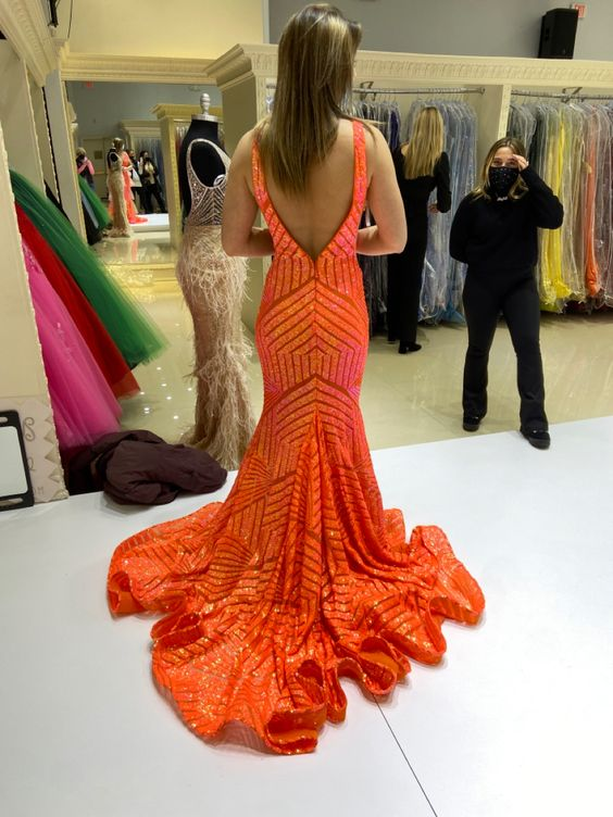 Deep Sequin Mermaid Orange V-neck Prom Dress