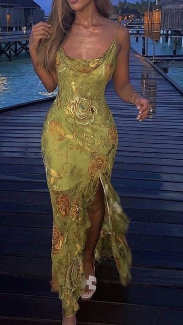 Sexy Spaghetti Straps Chiffon Print Floral Evening Dress Slit Party Prom Dress