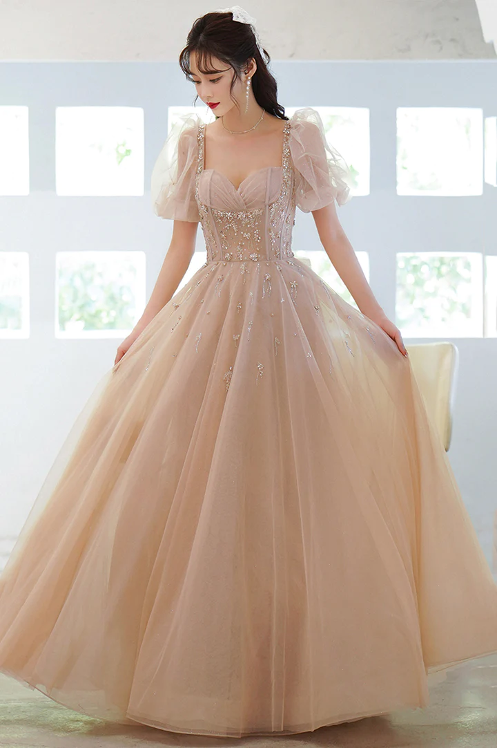 Cute tulle beads long prom dress A line evening gown