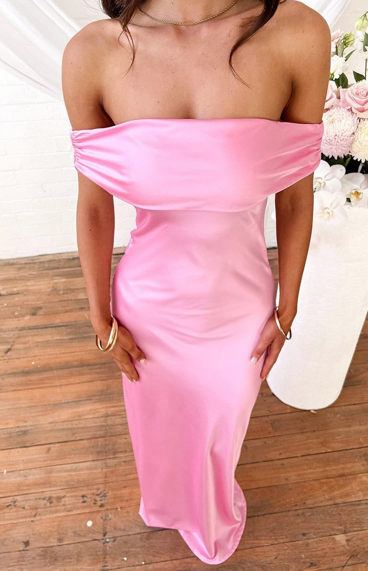 Chic Pink Off The Shoulder Satin Sheath Evening Dress,Long Prom Dress