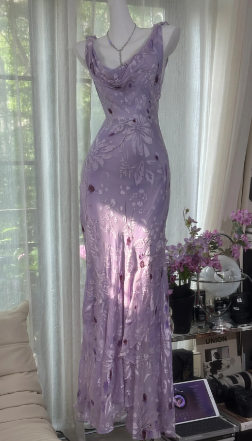 Pretty Lilac Chiffon Print Floral Beaded Mermaid Prom Dress Long Evening Dress